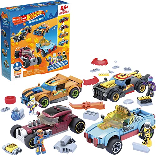 MEGA Construx Hot Wheels Kids Car Building Toy Set, Car Customizer with 485 Pieces, Rally Rat, Dawgzilla, Night Shifter, Mod Rod, Ages 5+ Years
