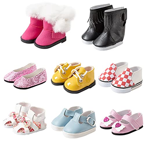 8 Pairs Doll Shoes Fit 14.5 inch American Doll Wellie Wishers Doll Including Boots, Sandals, Sneakers, Leather Shoes, etc