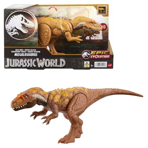 Mattel Jurassic World Wild Roar Dinosaur Toy with Sound Attack Move, Megalosaurus Posable Action Figure Includes Digital Play, 11 inches Long