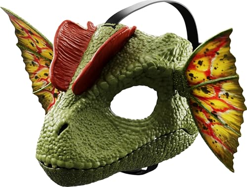 Mattel Jurassic World Role-Play Mask, Dilophosaurus with Venom Launching Water Feature, Sound Adjustable Frill, Dinosaur Costume Headgear Toy