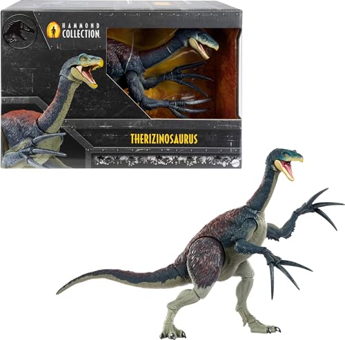 Mattel Jurassic World Dominion Hammond Collection Dinosaur Action Figure, Therizinosaurus Dino Toy with 25 Articulations, Glass Eyes Wired Tail