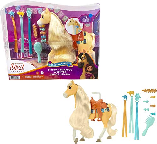 Mattel Spirit Untamed Miradero Festival Styling Chica Linda Horse 8-in with Long Mane and Tail Hair Play Accessories, Great Gift for Ages 3 Years Old Up