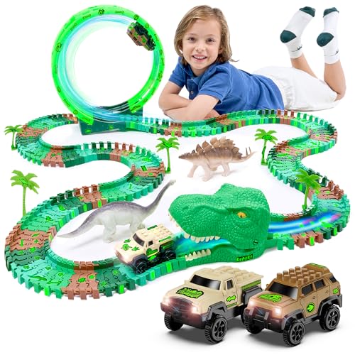 JITTERYGIT Dinosaur Jurassic Race Track Train Glow in The Dark World Toy Set, Kids Dino Racetrack Park Includes T-Rex Triceratops Playset - Best Birthday Gift for Boys Girls 3 4 5 6 7 8 Year Old