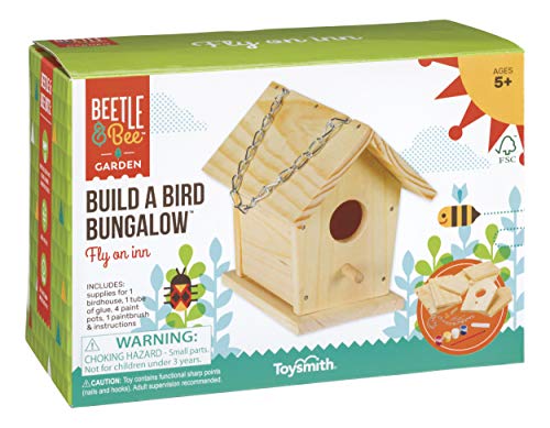 Beetle Bee Build A Bird Bungalow - DIY Kid Art Craft Outdoor Birdhouse Kit, House Painting Kit for Kids, Hardware Glue Included- 4 Paints, 1 Brush, 7 Wooden Pcs, Chain For Tree Hanging Age 5+
