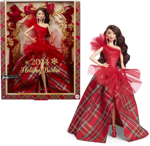 Barbie 2024 Holiday Barbie Dolls, Seasonal Collector Toy, Barbie Signature, Plaid Gown with Red Bow, Displayable Packaging, Dark Brown Hair