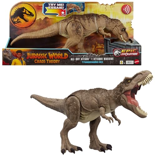 Mattel Jurassic World T. rex Dinosaur Toy with Sound Movement, All-Out Attack Tyrannosaurus Rex Action Figure with Rampage Attack, Plus Digital Play