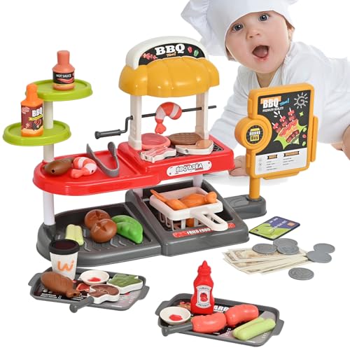 56PCS Kids BBQ Grill Toy with Cash Register, Kids Grill Playset with Play Food, Simulation Cooking Toy and Pretend Play, Pretend BBQ Accessories Set for Girls Boys Toddler