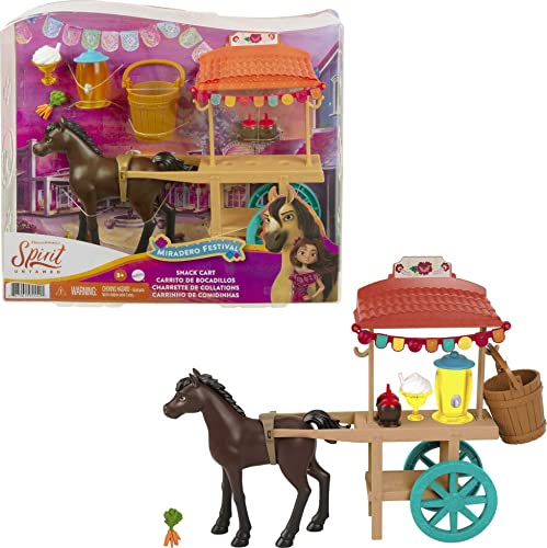 Mattel Spirit Untamed Miradero Snack Cart with Rolling Wheels, Canopy, 5-in Pony Related Accessories, Great Gift for Ages 3 Up , Pink