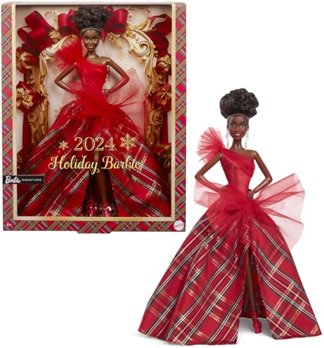 Barbie Signature Doll, 2024 Holiday Fashion Doll with Brown Hair Wearing Plaid Gown, Seasonal Collector Gift in Displayable Packaging