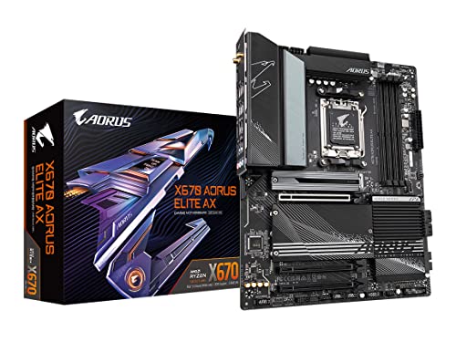 GIGABYTE X670 AORUS Elite AX AM5/ LGA 1718/ AMD/ X670/ ATX/ 5 Year Warranty/ DDR5/ Quad M.2/ PCIe 5.0/ USB 3.2 Gen2X2 Type-C/AMD WiFi 6E/ 2.5GbE LAN/Q-Flash Plus/M.2 EZ-Latch/Gaming Motherboard