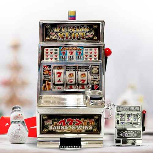 777 Jumbo Slot Machine Casino Toy Piggy Bank Replica with Flashing Lights and Jackpot Alert Sounds and Free Working Silver 777 Slot Keychain