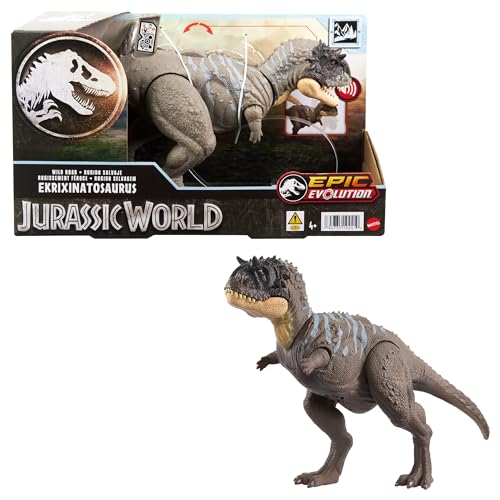 Mattel Jurassic World Wild Roar Dinosaur Toy with Sound Attack Move, Ekrixinatosaurus Posable Action Figure Includes Digital Play, 11 inches Long
