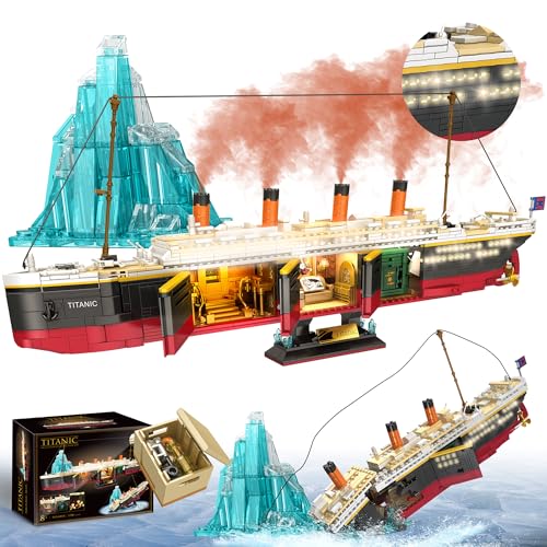 LeBrickCrt Titanic Building Blocks Set, 2288 Pieces Big Ship Block Model Set with Light Strip, Glacier, Ideal Gift for Adults and Kids