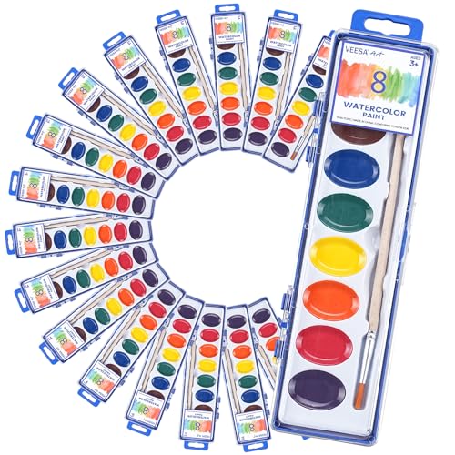 8-Color Watercolor Paint Set for Kids, 24 Pack Washable Water Color Paints, Non-Toxic Watercolors for Classroom, Parties and Art Activities Paintbrush Included