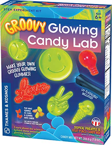 Thames Kosmos Groovy Glowing Candy Lab STEM Kit Make Glow-in-the-Dark Candies, Ice Cubes Explore Luminescence Chemistry of Gummies Cool Shapes, Flavors, Safe to Eat Includes LED Flashlight