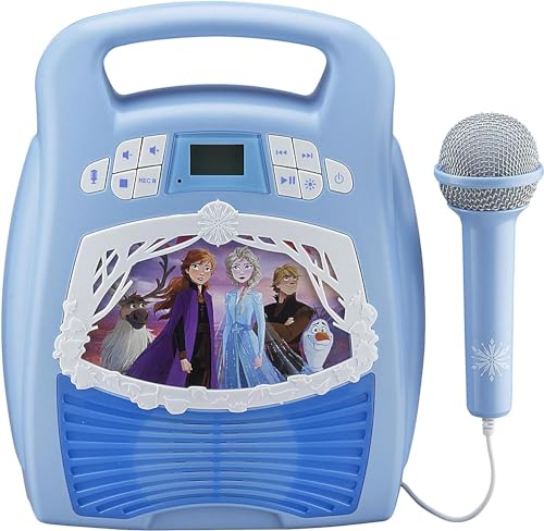 eKids Frozen 2 Bluetooth Portable MP3 Karaoke Machine Player with Light Show Store Hours of Music with Built in Memory Sing Along Using The Real Working Microphone USB Port to Expand Your Content