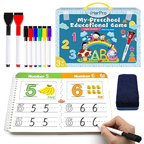 Handwriting Practice Book for kids, Toddlers Preschool Learning Activity 40 Pages Autism Educational Montessori Toys Learn Number Letters Shapes Animal Sight Words Workbook with 8 Dry Erase Markers