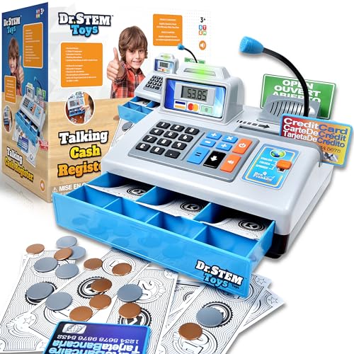 Dr. STEM Toys Talking Toy Cash Register STEM Learning 69 Piece Pretend Store with 3 Languages, Paging Microphone, Credit Card, Bank Card, Play Money and Banking for Kids, Silver Updated Package