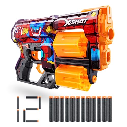 X-Shot Skins Dread Blaster - Poppy Playtime Toony by ZURU with 12 Darts, Rotating Double Barrel, Air Pocket Dart Technology, Toy Foam Blaster for Kids, Teens and Adults