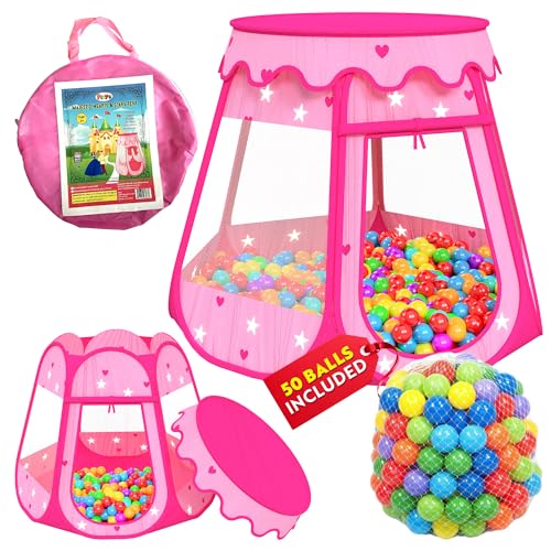 Playz Ball Pit Princess Castle Play Tent for Girls w/ 50 Balls Included - Pop Up Children Play Tent for Indoor Outdoor Use - Playland Playhouse Tent w/ Glow in The Dark Stars Zipper Storage Case
