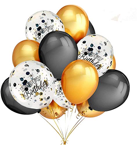50 Piece Birthday Party Decorations Balloons - Happy Birthday Confetti Balloons Gold and Black Confetti Pre-Filled,Gold and Black Latex Party Balloons