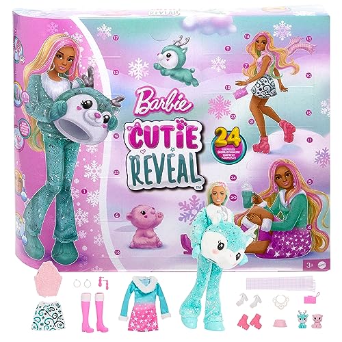 Barbie Cutie Reveal Advent Calendar Doll, Blue Pink Hair, 25 Surprises Include Clothes, Accessories Color-Change Pets, Holiday Toy for Kids