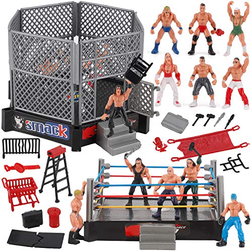 Liberty Imports Ultimate 32-Piece Wrestling Miniature Toys for Kids Pretend Play, Wrestler Figures with 2 Rings Realistic Accessories for Boys and Girls, Great for Cake Toppers, Parties