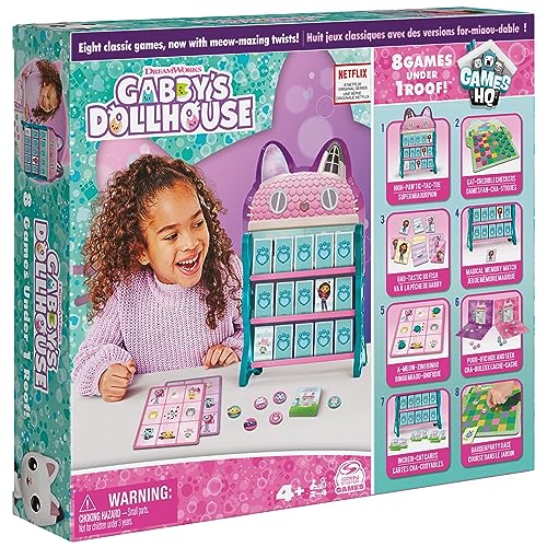 Gabbys Dollhouse, Games HQ Checkers Tic Tac Toe Memory Match Go Fish Bingo Cards Board Games Toy Gift Netflix Party Supplies, for Kids Ages 4 and up