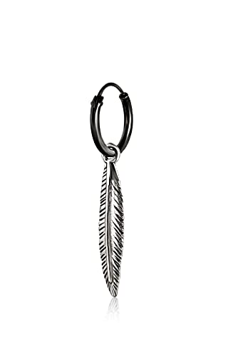 Feather Drop Dangle Earrings (Black Hoops) for Men - Gothic Jewelry