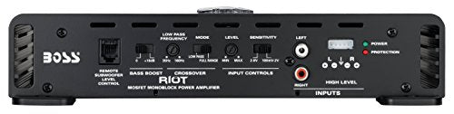 BOSS Audio Systems R1100M Riot 1100W Monoblock Car Subwoofer Amplifier [Class A/B, 2/4 Ohm Stable, Low/High Level Inputs, Low Pass Crossover, Mosfet Power Supply, Stereo]