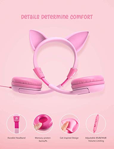 iClever HS01 Kids Headphones with Microphone (Food Grade Safe, Volume Limited 85/94dB), Cat Ear Pink, Wired for Learning/School/Travel/Tablet