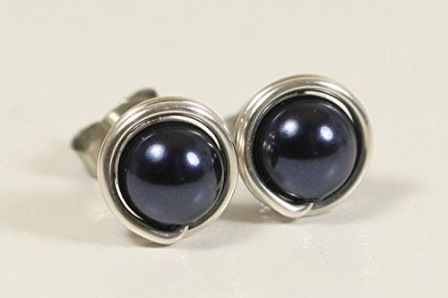 Sterling Silver Navy Blue Pearl Wire-Wrapped Stud Earrings (Night Nacre)