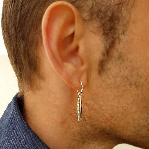 Feather Drop Dangle Earrings (Black Hoops) for Men - Gothic Jewelry