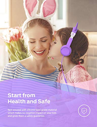 iClever Kids Headphones with Microphone (85/94dB Volume Limiter) - Cat Ear Headset for Children Toddler, Food Grade Silicone, Lightweight, 3.5mm Jack Wired Headphones for iPad/Travel, Purple