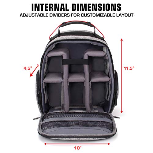 USA GEAR Portable Camera Backpack (Gray) for Canon, Nikon & More DSLR with Customizable Accessory Dividers, Weather Resistant Bottom & Comfort Back Support