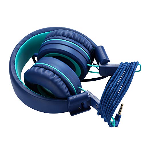 Noot Products K11 Kids Headphones, 3.5mm Jack Wired Cord On-Ear Headset, Foldable & Tangle-Free (Navy/Teal)