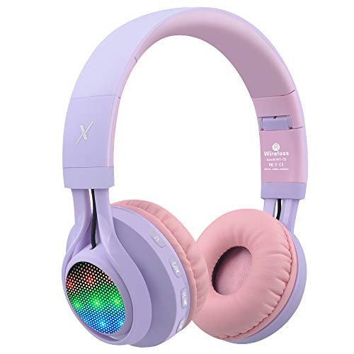 Riwbox WT-7S Foldable Wireless Bluetooth Headset with Microphone, Volume Control, and Light-Up Functionality (Purple) for PC, Cell Phones, TV, and iPad