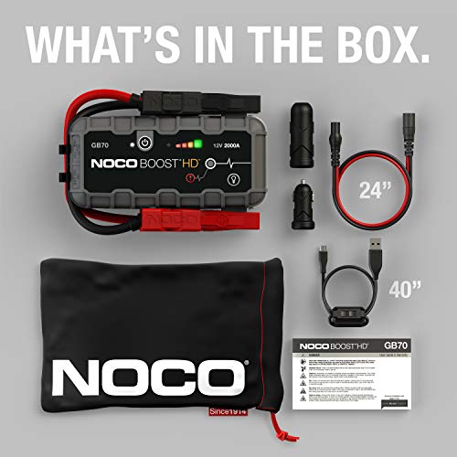NOCO Boost HD GB70 2000A 12V UltraSafe Lithium Jump Starter Box w/ Jumper Cables (For Up To 8L Gasoline & 6L Diesel Engines)