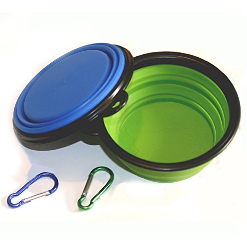 COMSUN 2-Pack Collapsible Dog Bowls (BPA Free, Food Grade Silicone), Foldable Cup Dishes for Pet Cat Food and Water - Blue & Green, plus Carabiner.