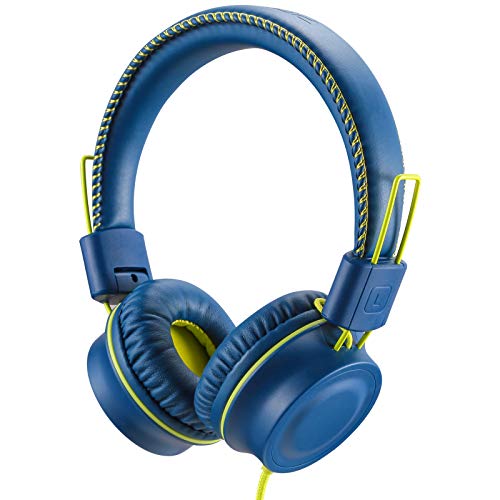 POWMEE M2 Kids Wired Foldable Stereo Headphones with Adjustable Headband, 3.5mm Jack, Tangle-Free Cord (Blue)