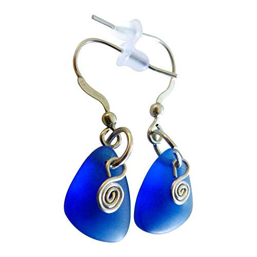 Handmade Nautical Blue Sea Glass Earrings ("Mermaid Tears") for Women & Girls (0.5in) Under $20