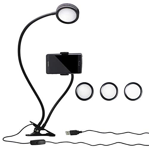 LG G623 Selfie Ring Light with Gooseneck Extension, Spring Clamp Mount, Phone Clip Holder (3-Level Brightness Control, USB Power Cable)