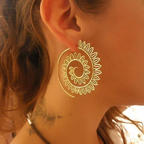 Large Vintage Bohemian Hoop Earrings with Tribal Circles, Brass Spiral and Retro Ethnic Indian Design for Women