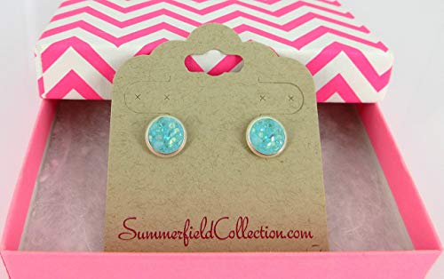 Silver-Tone Pastel Faux Druzy Stone Stud Earrings 8mm (AB Aqua Blue)
