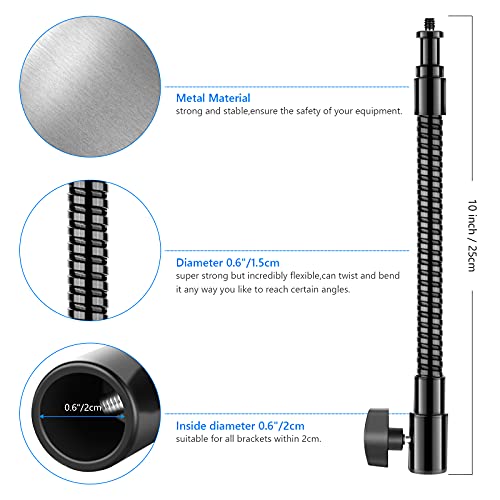 Neewer 10"/25cm Flexible Metal Tube Arm with 1/4" Screw for LED Video Lights, Ring Flash Light and Accessories