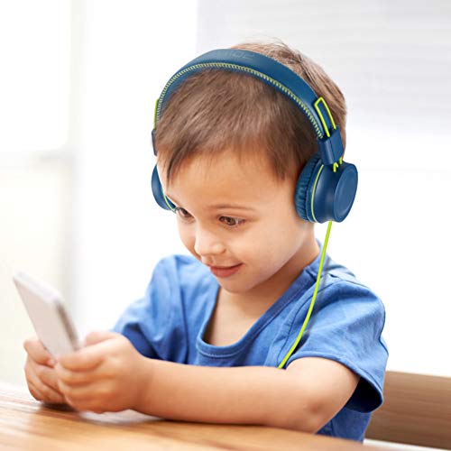 POWMEE M2 Kids Wired Foldable Stereo Headphones with Adjustable Headband, 3.5mm Jack, Tangle-Free Cord (Blue)