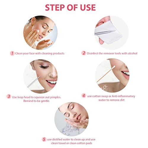JPNK 6-Piece Comedones Extractor Acne Removal Kit (Blackhead Remover) for Popping Blemish, Whitehead, and Zit Removing on Nose and Face, Includes Leather Bag (Silver)