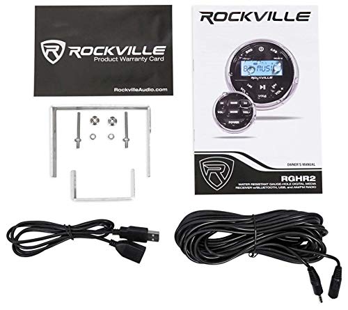Rockville RGHR2 Marine Gauge Hole Receiver with Bluetooth, USB, Radio and Wired Remote
