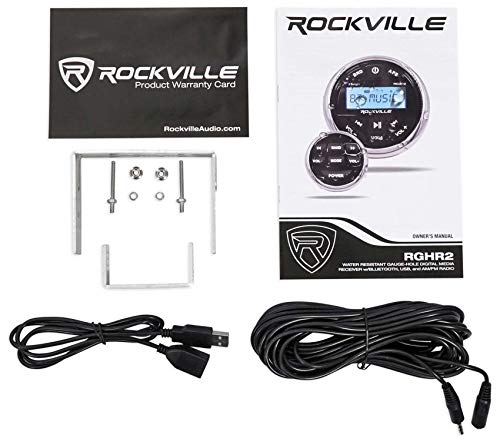 Rockville RGHR2 Marine Gauge Hole Receiver with Bluetooth, USB, Radio and Wired Remote