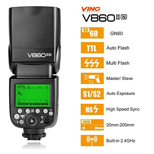 Godox V860II-N 2.4GHz TTL Camera Flash for Nikon D800, D700, D7100, D7000, D5200, D5100, D5000, D300, D300S, D3200, D3100, D3000, D200, D70S, D810, D610, D90, D750